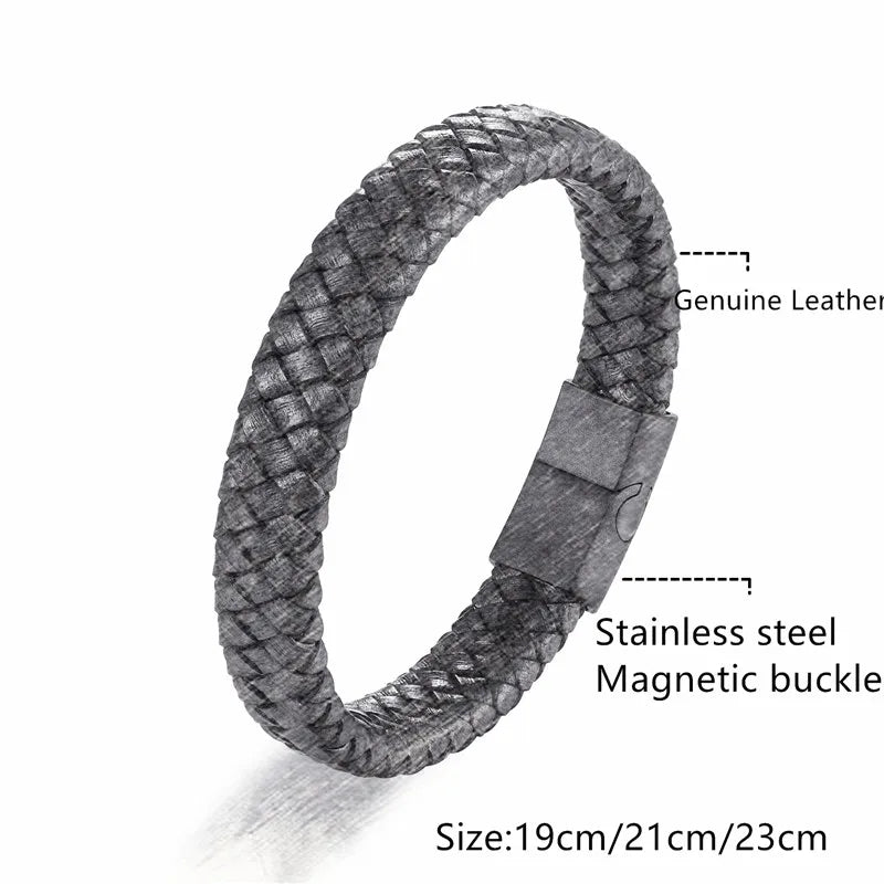 Pulsera de Cuero Trenzado – Cierre Magnético de Acero Inoxidable Negro