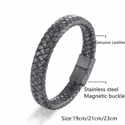 Pulsera de Cuero Trenzado – Cierre Magnético de Acero Inoxidable Negro