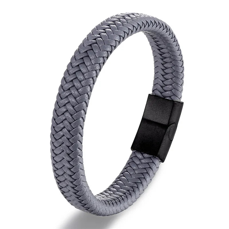 Pulsera de Cuero Trenzado – Cierre Magnético de Acero Inoxidable Negro