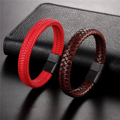 Pulsera de Cuero Trenzado – Cierre Magnético de Acero Inoxidable Negro