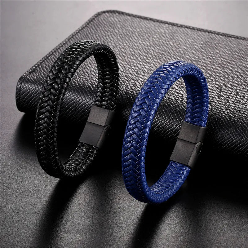 Pulsera de Cuero Trenzado – Cierre Magnético de Acero Inoxidable Negro