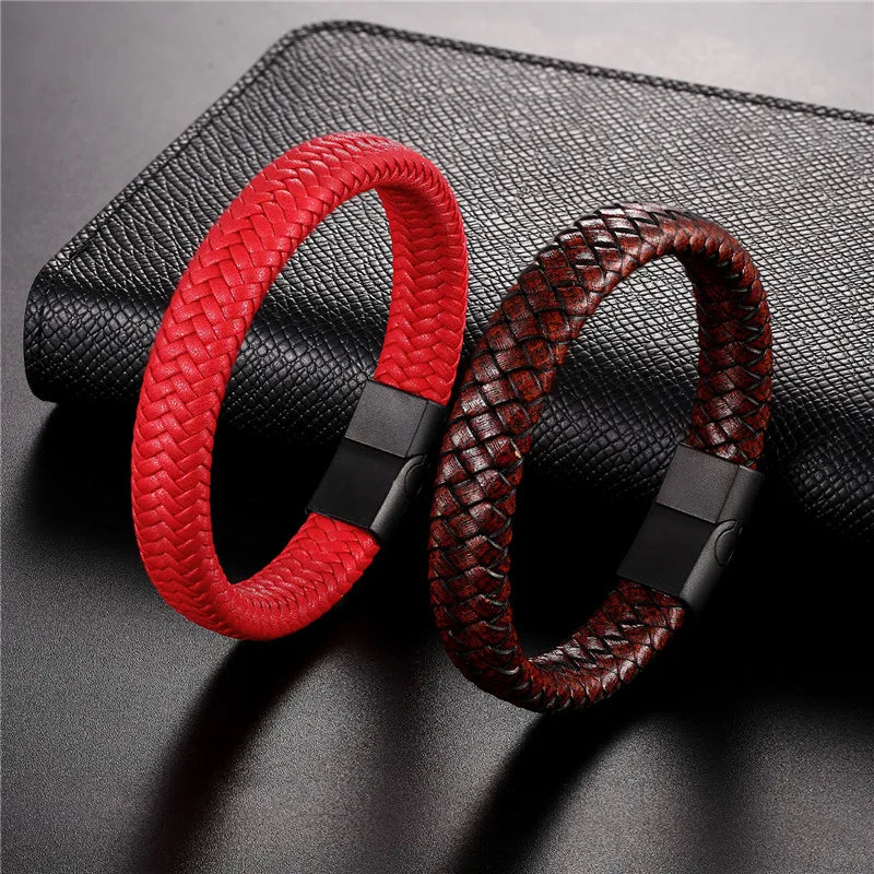 Pulsera de Cuero Trenzado – Cierre Magnético de Acero Inoxidable Negro