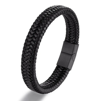 Pulsera de Cuero Trenzado – Cierre Magnético de Acero Inoxidable Negro