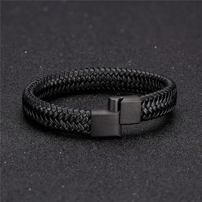 Pulsera de Cuero Trenzado – Cierre Magnético de Acero Inoxidable Negro