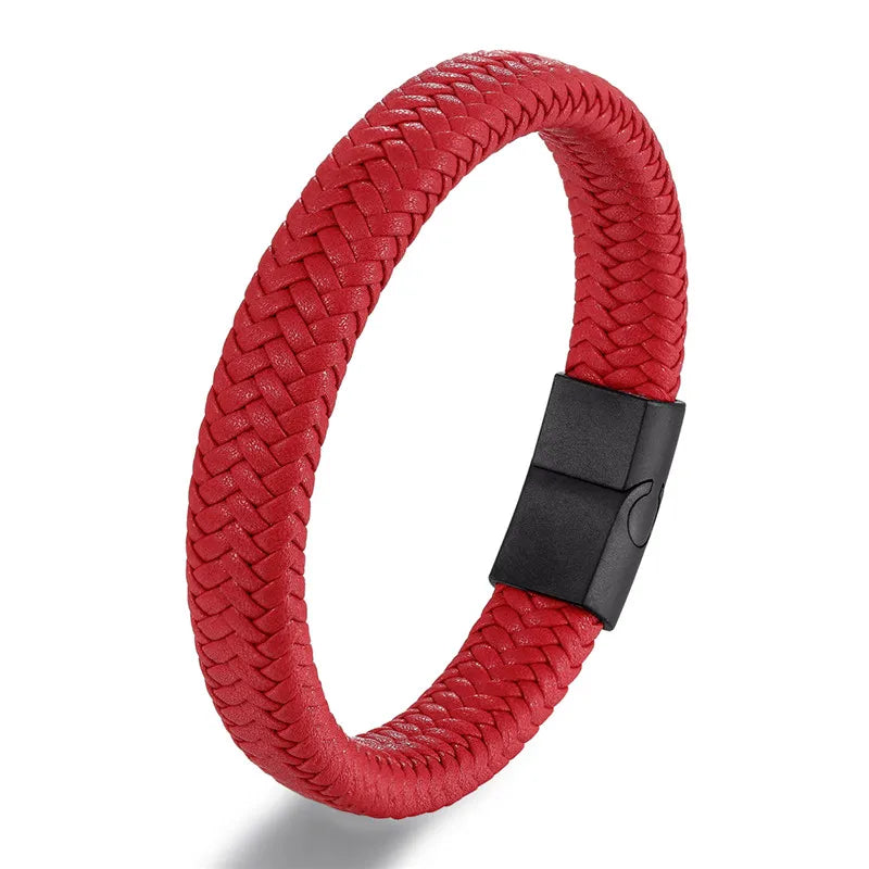 Pulsera de Cuero Trenzado – Cierre Magnético de Acero Inoxidable Negro