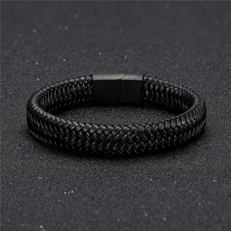 Pulsera de Cuero Trenzado – Cierre Magnético de Acero Inoxidable Negro