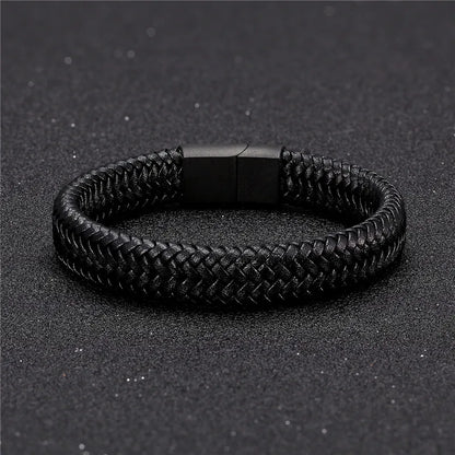 Pulsera de Cuero Trenzado – Cierre Magnético de Acero Inoxidable Negro