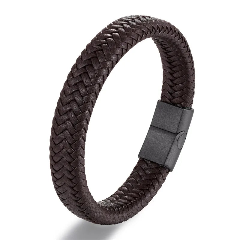 Pulsera de Cuero Trenzado – Cierre Magnético de Acero Inoxidable Negro