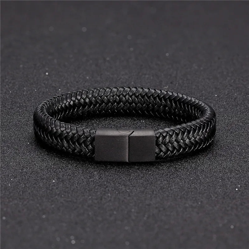 Pulsera de Cuero Trenzado – Cierre Magnético de Acero Inoxidable Negro