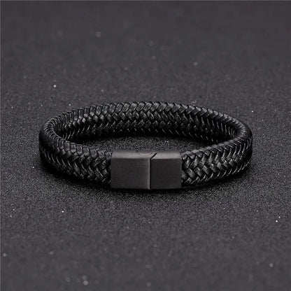 Pulsera de Cuero Trenzado – Cierre Magnético de Acero Inoxidable Negro