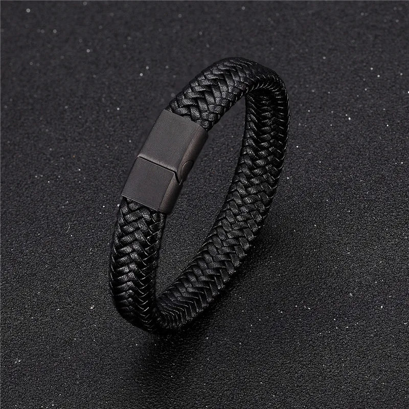Pulsera de Cuero Trenzado – Cierre Magnético de Acero Inoxidable Negro