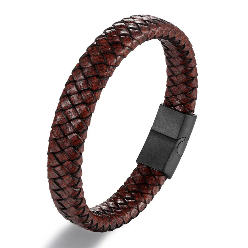 Pulsera de Cuero Trenzado – Cierre Magnético de Acero Inoxidable Negro