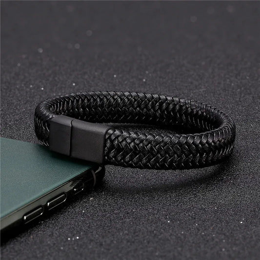 Pulsera de Cuero Trenzado – Cierre Magnético de Acero Inoxidable Negro