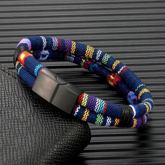 Pulsera de Cuerda Tejido a Mano, Doble Capa y Acero Inoxidable Negro