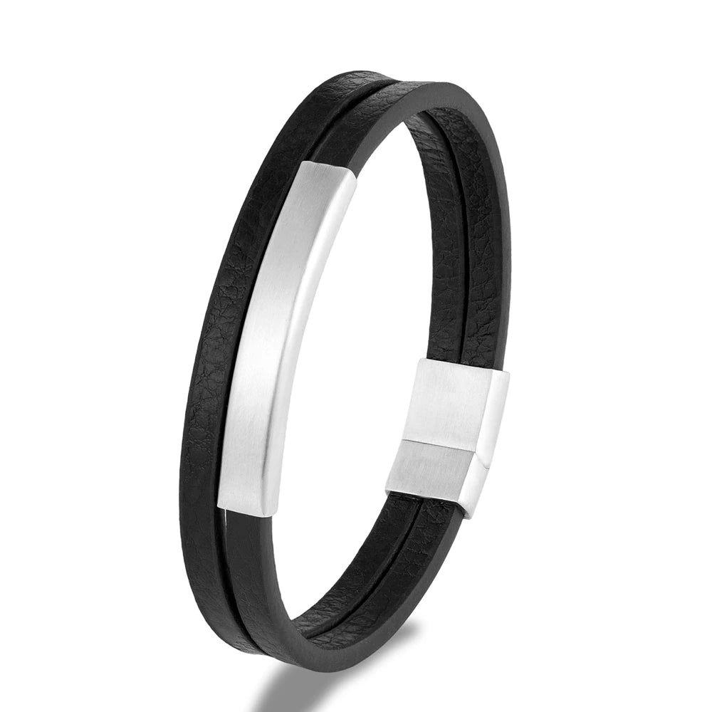 Pulsera de Cuero Trenzado Doble – Cierre Negro Mate de Acero Inoxidable