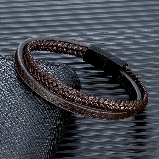 Pulsera de Cuero Trenzado Doble – Hebilla Negra Mate de Acero Inoxidable