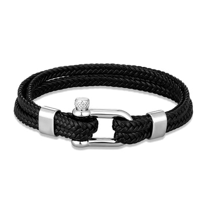 Pulsera de Cuero Trenzado Multicapa – con Grillete en U de Acero Inoxidable