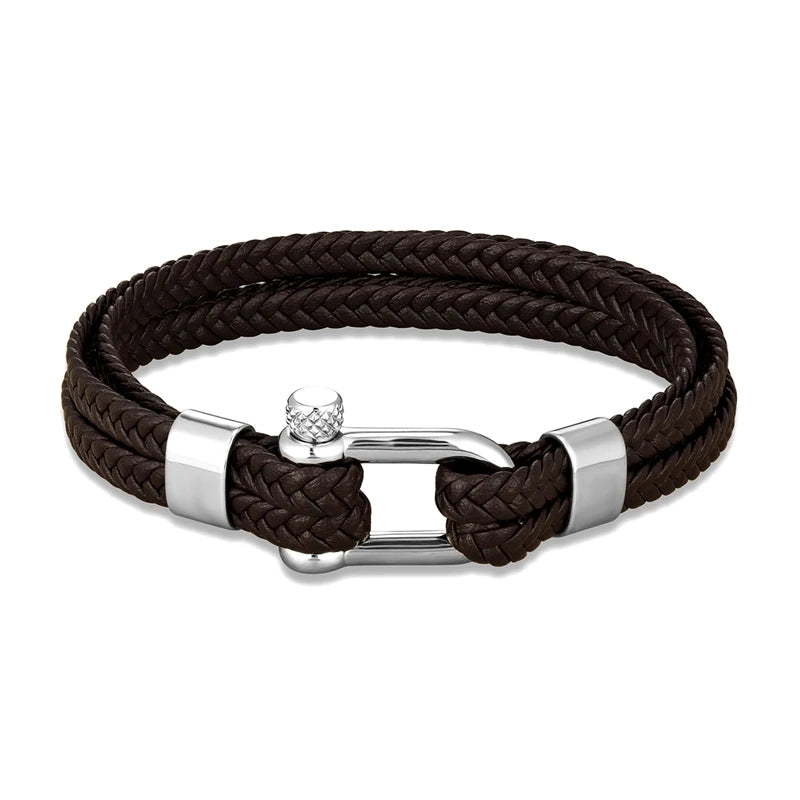 Pulsera de Cuero Trenzado Multicapa – con Grillete en U de Acero Inoxidable