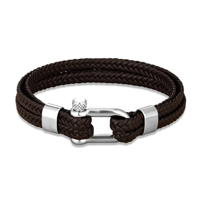 Pulsera de Cuero Trenzado Multicapa – con Grillete en U de Acero Inoxidable