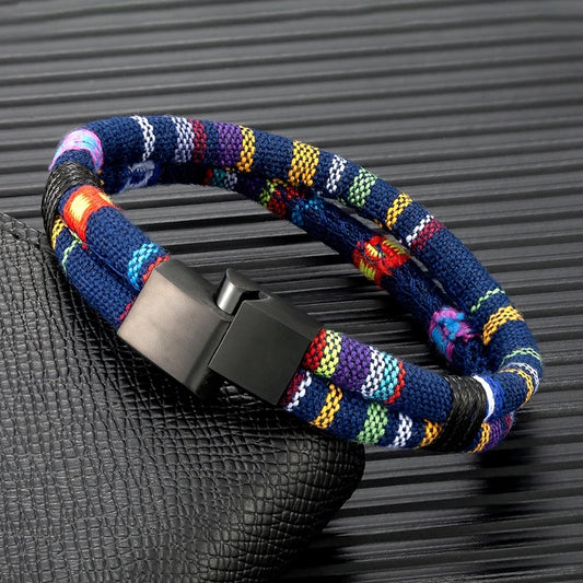 Pulsera de Cuerda Tejido a Mano, Doble Capa y Acero Inoxidable Negro