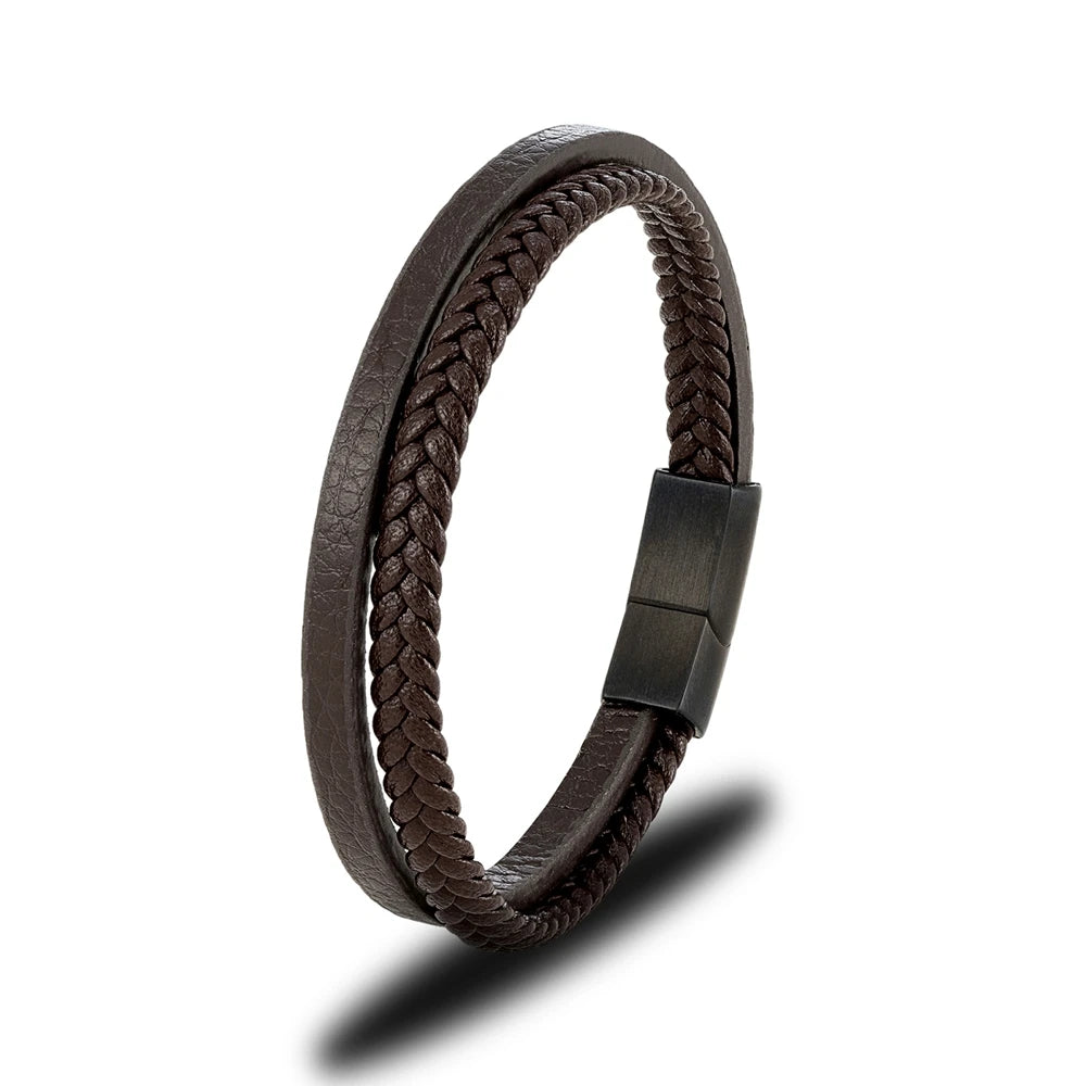 Pulsera de Cuero Trenzado Doble – Hebilla Negra Mate de Acero Inoxidable