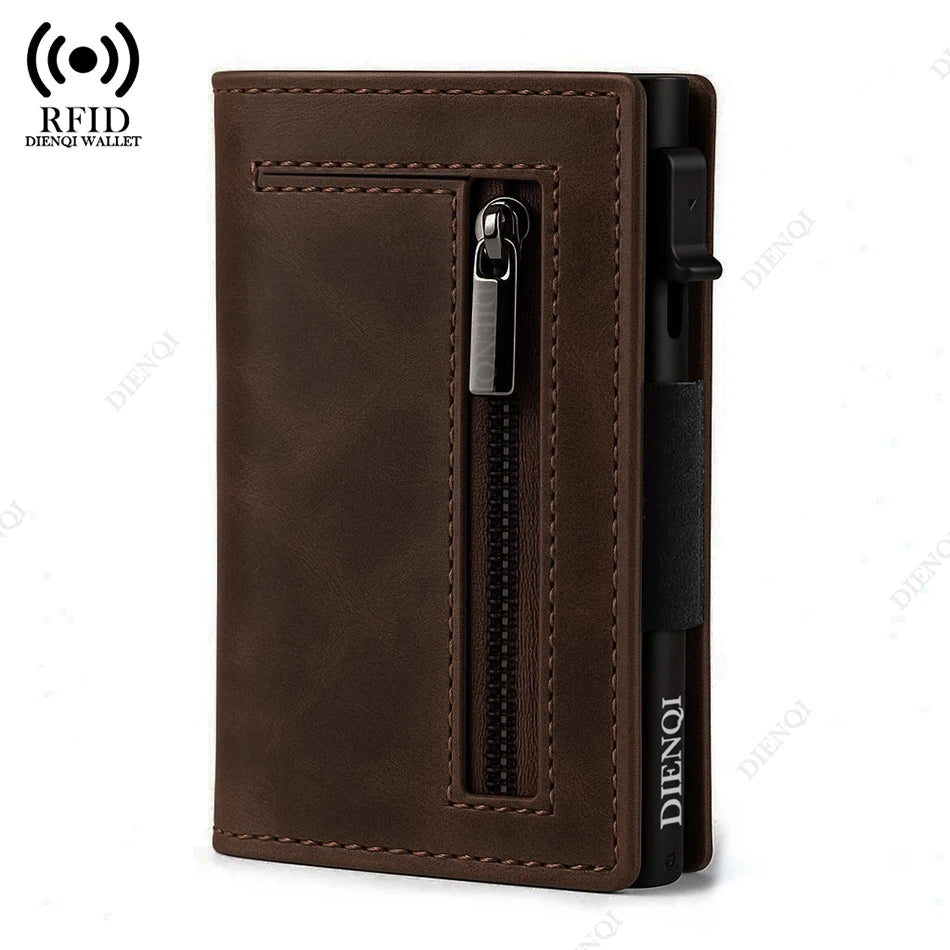 Billetera Minimalista RFID para Hombre – Tarjetero Magnético de Cuero con Expulsor Automático