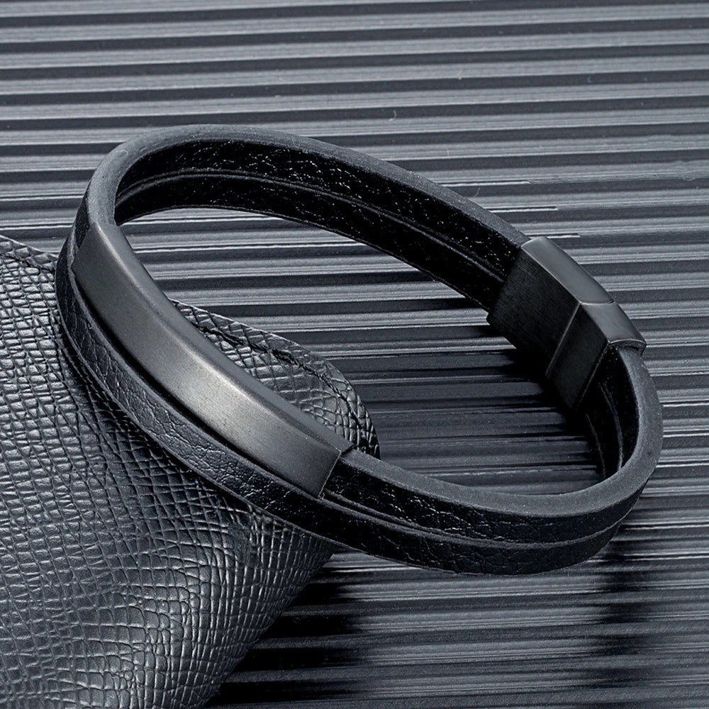 Pulsera de Cuero Trenzado Doble – Cierre Negro Mate de Acero Inoxidable