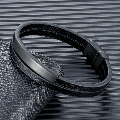 Pulsera de Cuero Trenzado Doble – Cierre Negro Mate de Acero Inoxidable