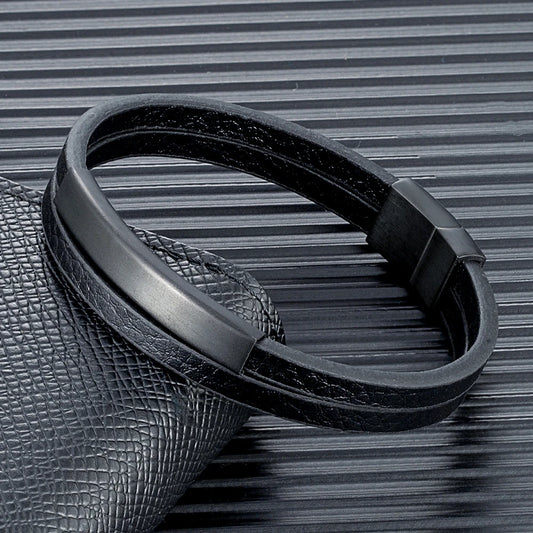 Pulsera de Cuero Trenzado Doble – Cierre Negro Mate de Acero Inoxidable