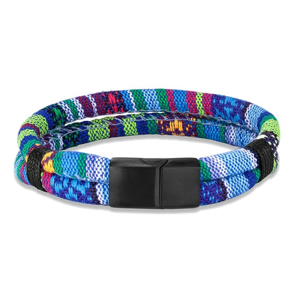 Pulsera de Cuerda Tejido a Mano, Doble Capa y Acero Inoxidable Negro