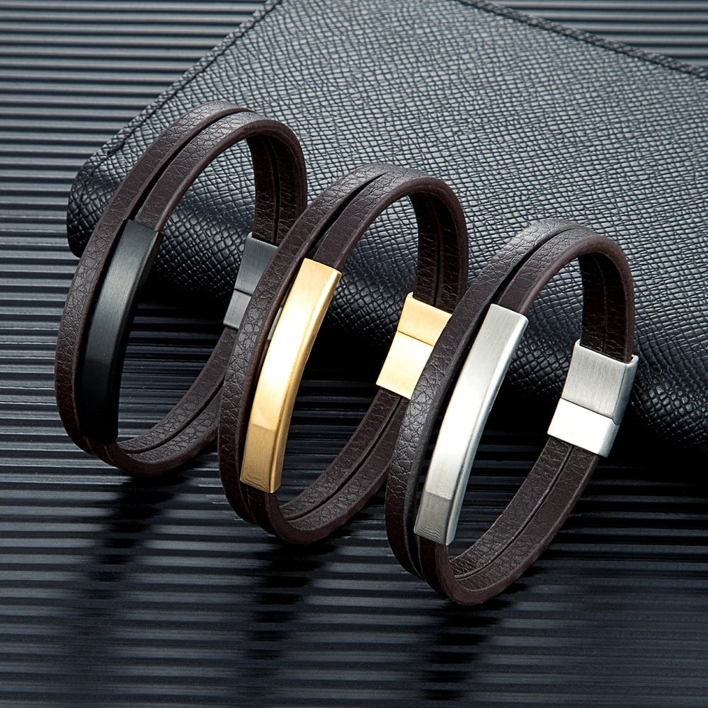Pulsera de Cuero Trenzado Doble – Cierre Negro Mate de Acero Inoxidable
