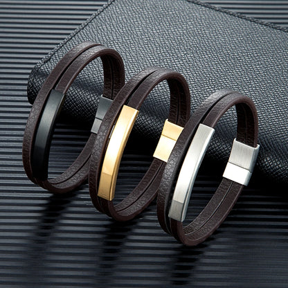 Pulsera de Cuero Trenzado Doble – Cierre Negro Mate de Acero Inoxidable