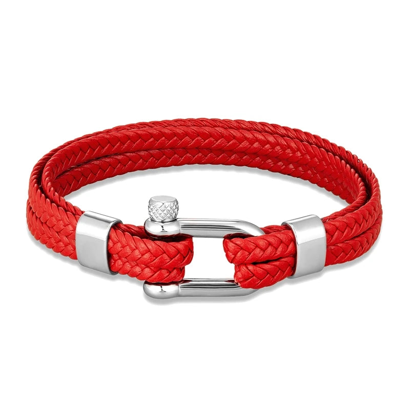 Pulsera de Cuero Trenzado Multicapa – con Grillete en U de Acero Inoxidable