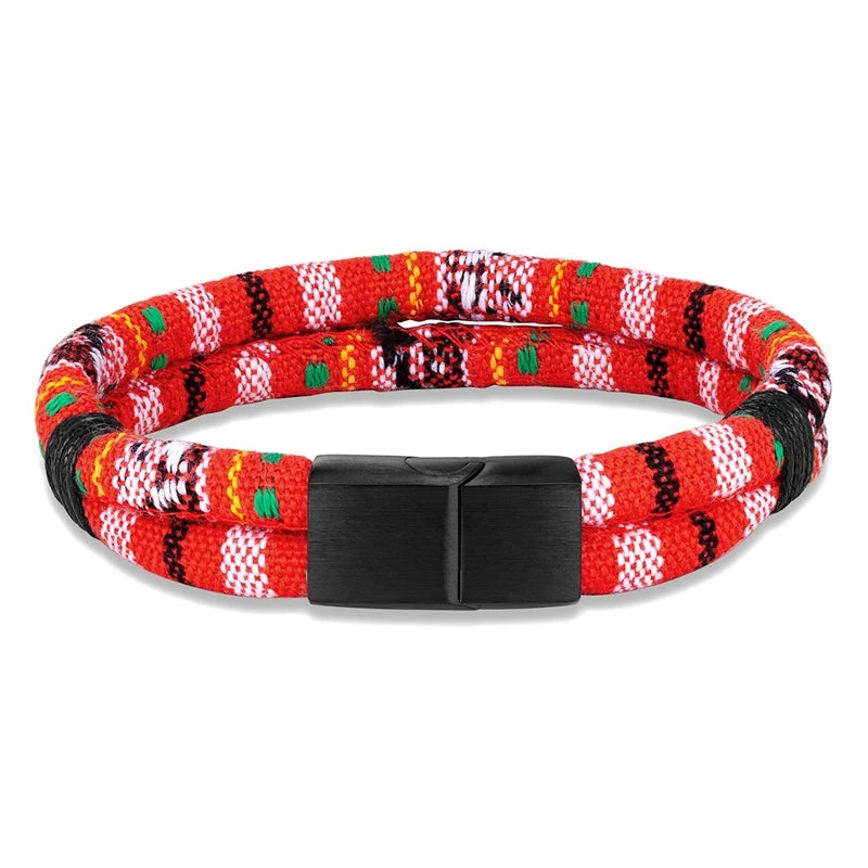 Pulsera de Cuerda Tejido a Mano, Doble Capa y Acero Inoxidable Negro