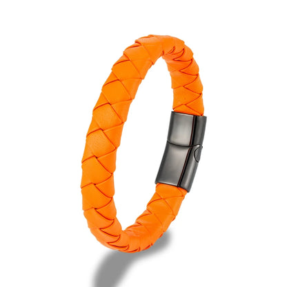 Pulsera Trenzada de Cuero Naranja y Negro – con Hebilla Magnética de Acero Inoxidable