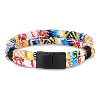 Pulsera de Cuerda Tejido a Mano, Doble Capa y Acero Inoxidable Negro