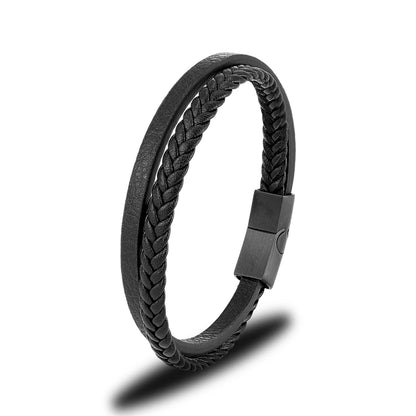 Pulsera de Cuero Trenzado Doble – Hebilla Negra Mate de Acero Inoxidable