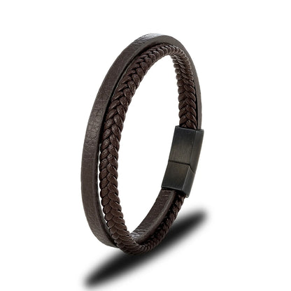 Pulsera de Cuero Trenzado Doble – Hebilla Negra Mate de Acero Inoxidable