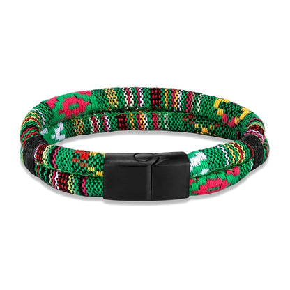 Pulsera de Cuerda Tejido a Mano, Doble Capa y Acero Inoxidable Negro