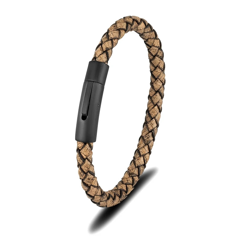 Pulsera de Cuero Trenzado para Hombre – con Hebilla Magnética Negra de Acero Inoxidable