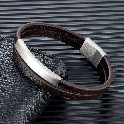 Pulsera de Cuero Trenzado Doble – Cierre Negro Mate de Acero Inoxidable