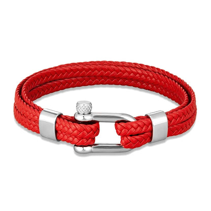 Pulsera de Cuero Trenzado Multicapa – con Grillete en U de Acero Inoxidable