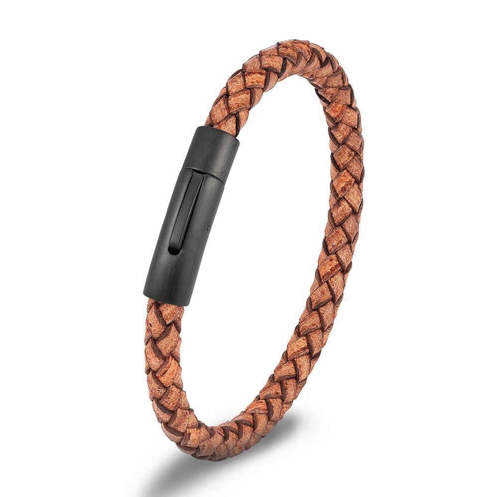 Pulsera de Cuero Trenzado para Hombre – con Hebilla Magnética Negra de Acero Inoxidable