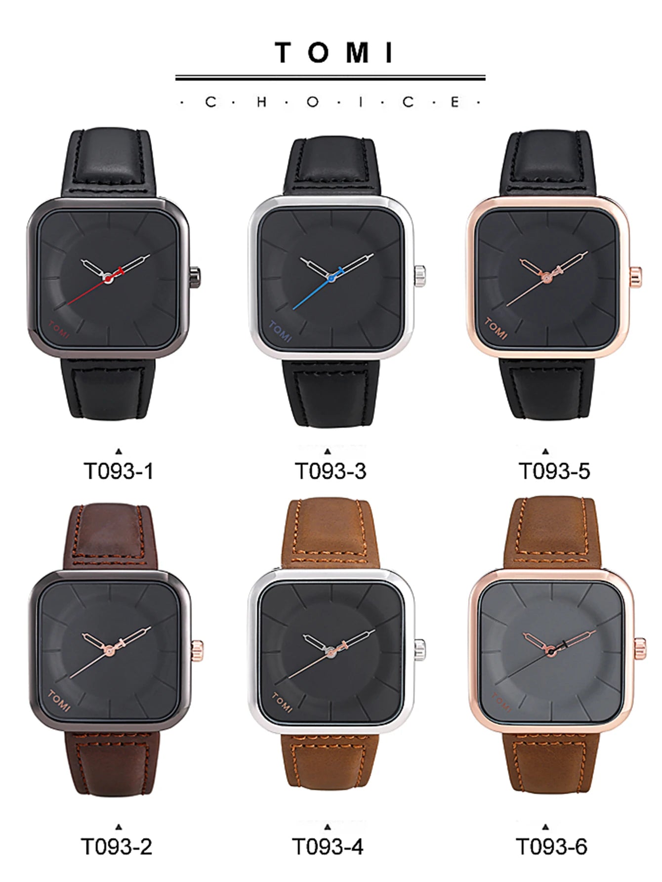 Reloj TOMI de cuarzo negro, diseño cuadrado elegante