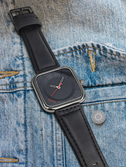 Reloj TOMI de cuarzo negro, diseño cuadrado elegante