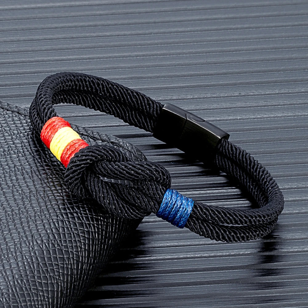 Pulsera con Bandera de España – Cuerda de Doble Hebra y Hebilla Magnética de Acero Inoxidable Negro