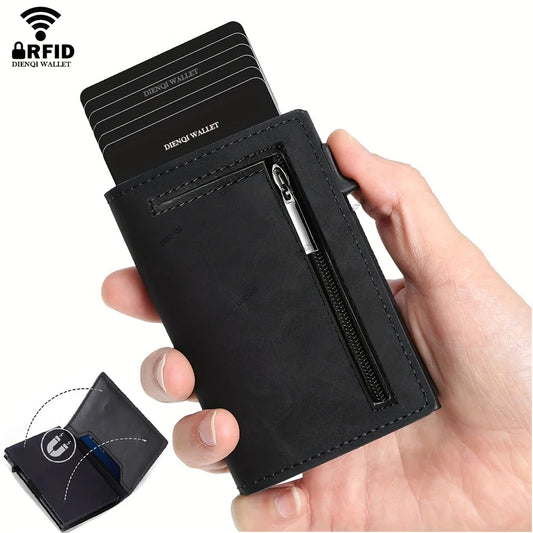Billetera Minimalista RFID para Hombre – Tarjetero Magnético de Cuero con Expulsor Automático
