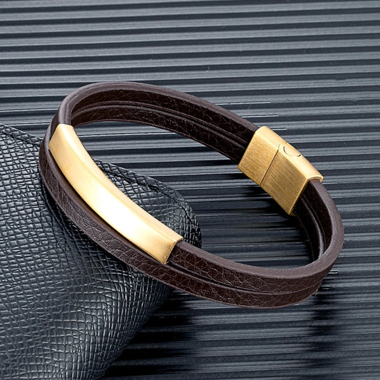 Pulsera de Cuero Trenzado Doble – Cierre Negro Mate de Acero Inoxidable