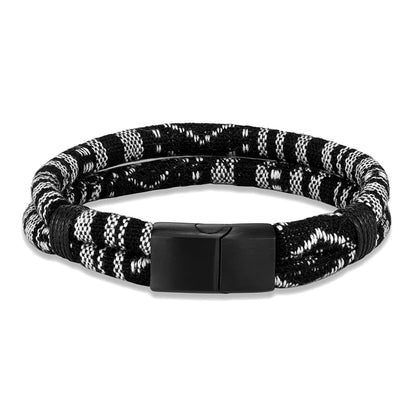 Pulsera de Cuerda Tejido a Mano, Doble Capa y Acero Inoxidable Negro