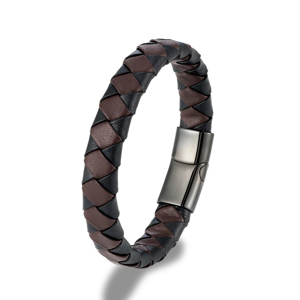 Pulsera Trenzada de Cuero Naranja y Negro – con Hebilla Magnética de Acero Inoxidable